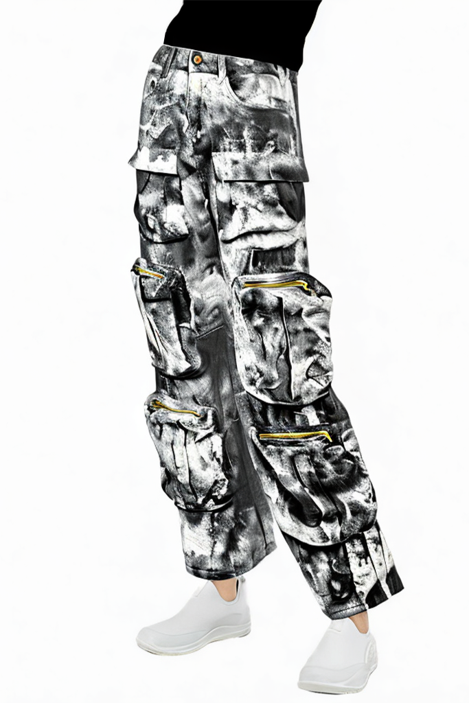 Straight-leg Smoke Grey Wide-leg Jeans with Multiple Pockets