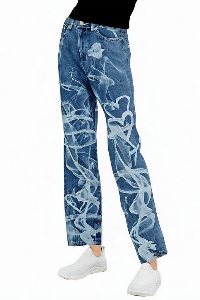 Popular Smoke Print Cotton High Waist Straight Jeans