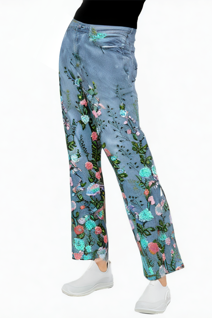 Blue Statement Jeans With Floral Embroidery