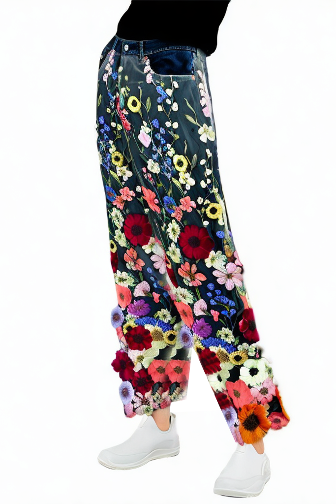 Dark Blue Straight-leg Jeans with Colorful Floral Embroidery