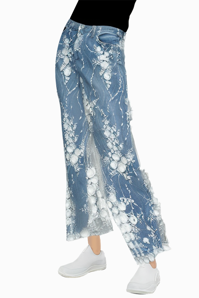 High Quality Vintage Fashion Embroidery Printed Straight Lace Jeans