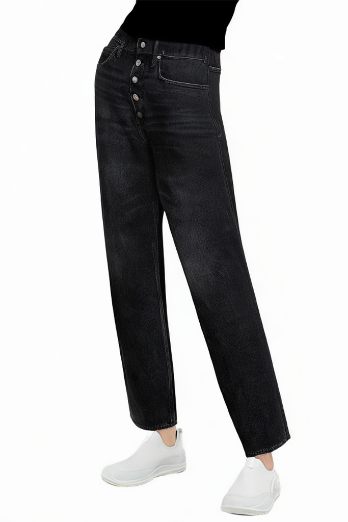 Fashion Loose Black Washed Button Wide Leg Jeans