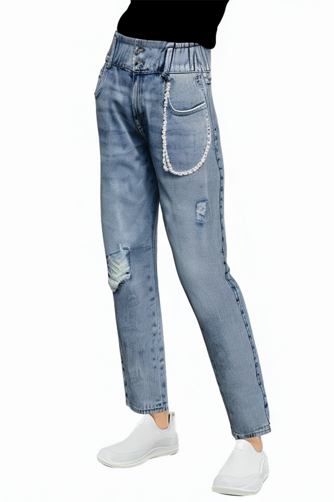 Pearl Embellished Skinny Blue Leg Zipper Placket Women's Jeans