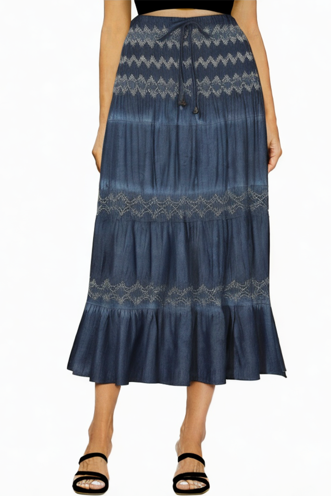 High Waist Pleated Layered Denim Long Skirt