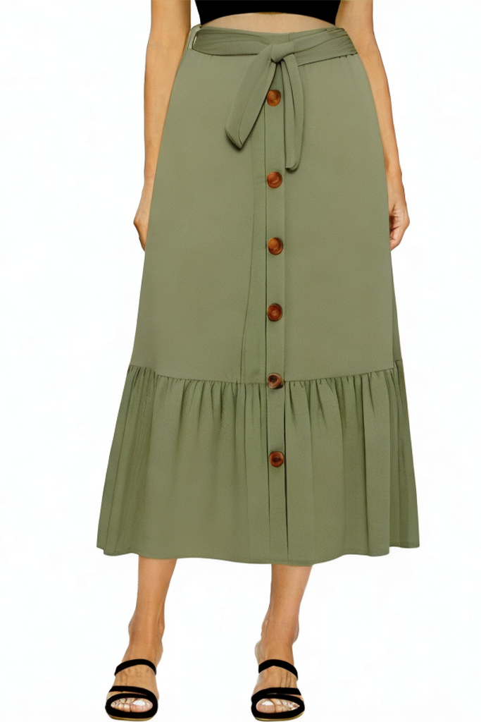 Front Button High Waist Belted Ruffled Skirt with Pockets
