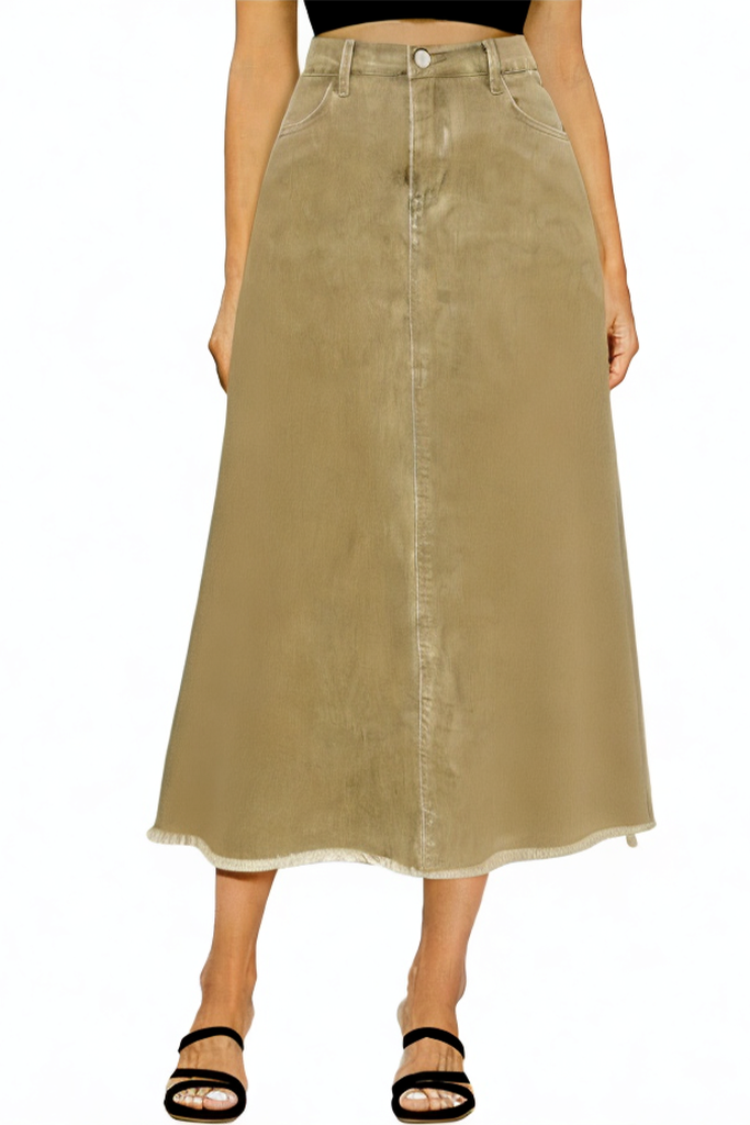 Vintage Denim Elastic High Rise Frayed Hem A-Line Long