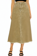 Vintage Denim Elastic High Rise Frayed Hem A-Line Long