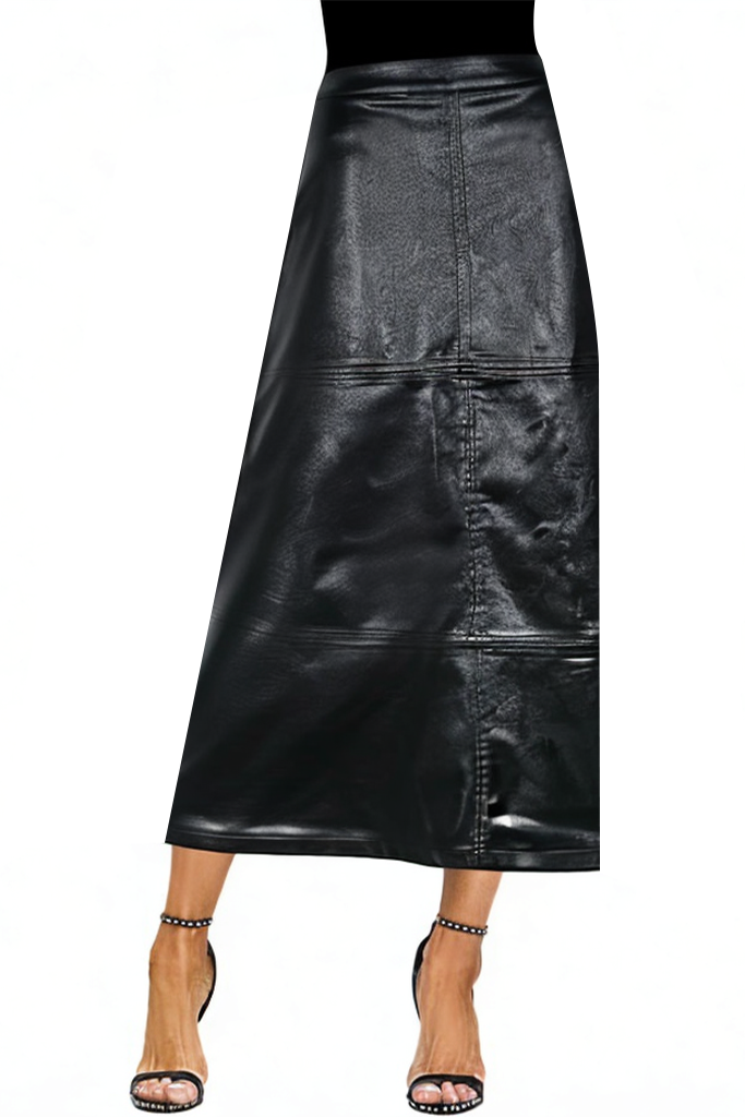 Fashion High Waist A-Line Casual Slit Leather Maxi Skirt