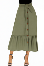 Front Button High Waist Belted Ruffled Skirt with Pockets