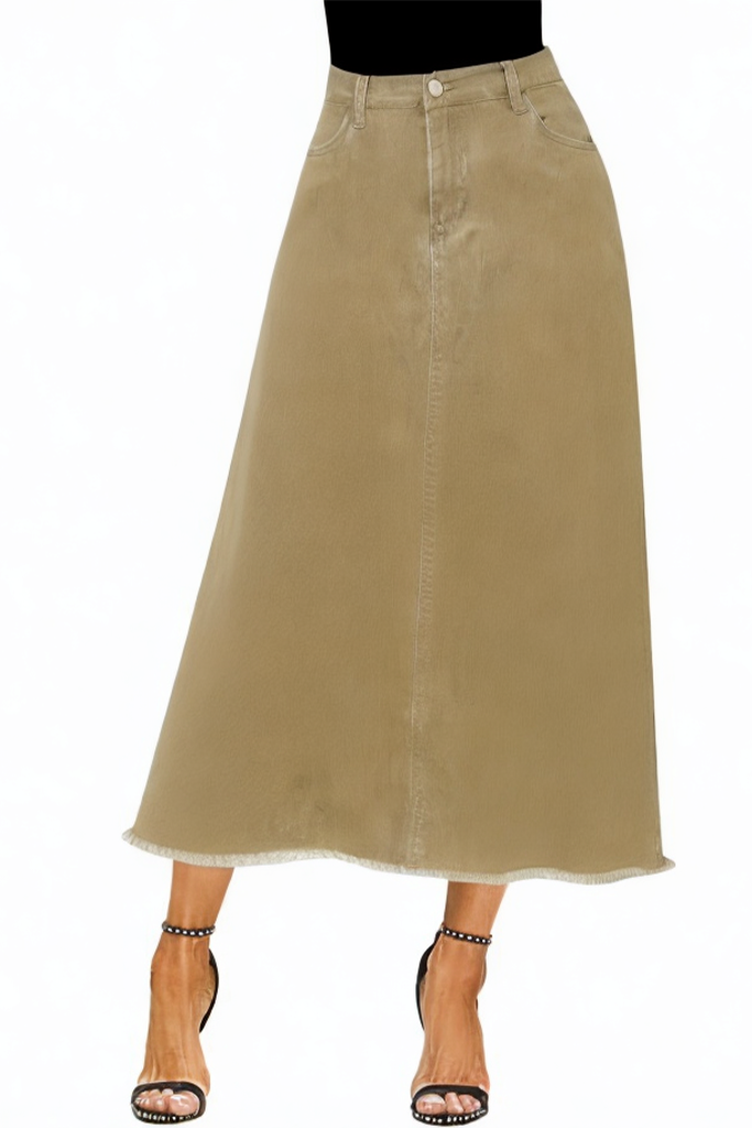 Vintage Denim Elastic High Rise Frayed Hem A-Line Long