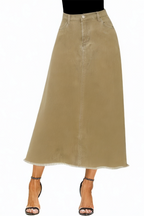 Vintage Denim Elastic High Rise Frayed Hem A-Line Long