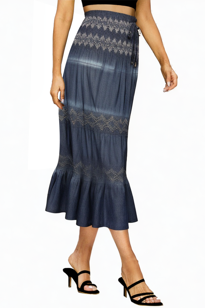 High Waist Pleated Layered Denim Long Skirt