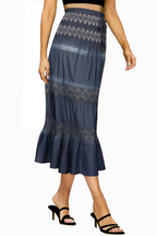 High Waist Pleated Layered Denim Long Skirt