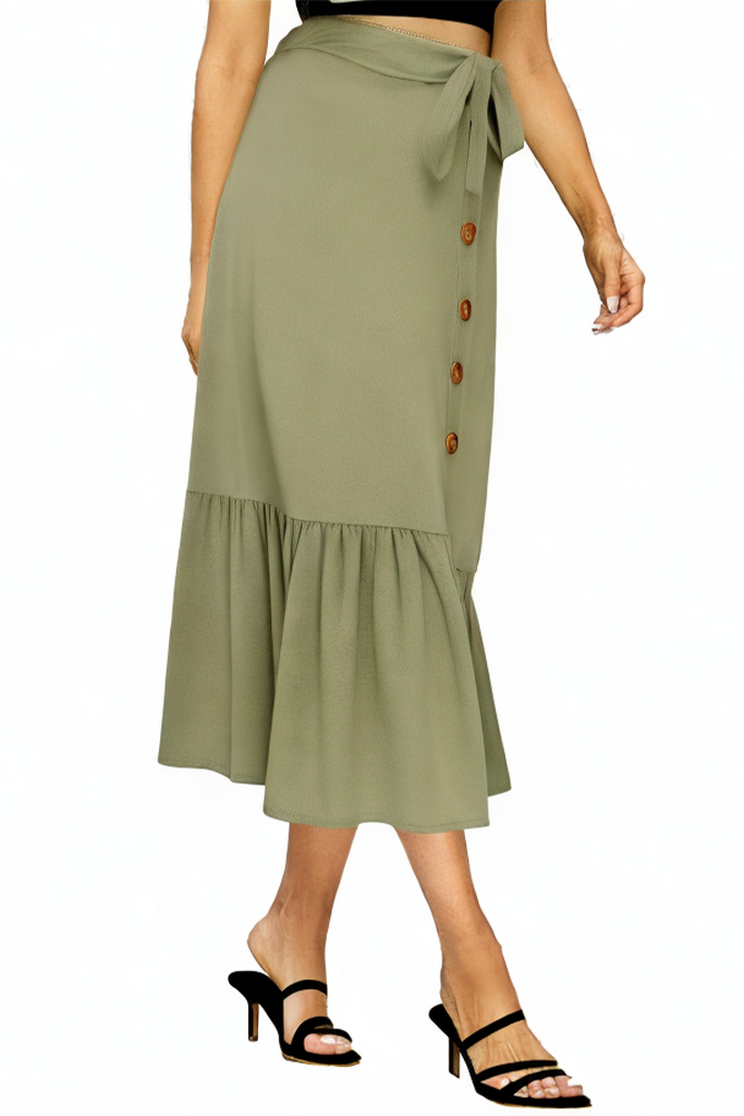 Front Button High Waist Belted Ruffled Skirt with Pockets