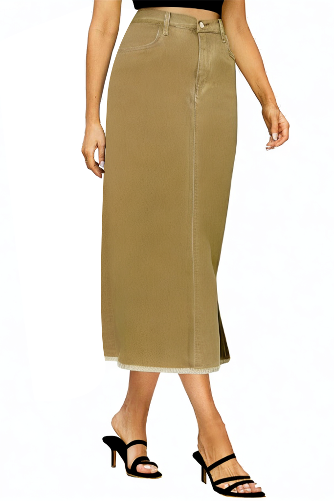 Vintage Denim Elastic High Rise Frayed Hem A-Line Long