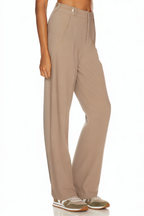 New Khaki Fashion Pleated Buttoned Wide Leg Pants