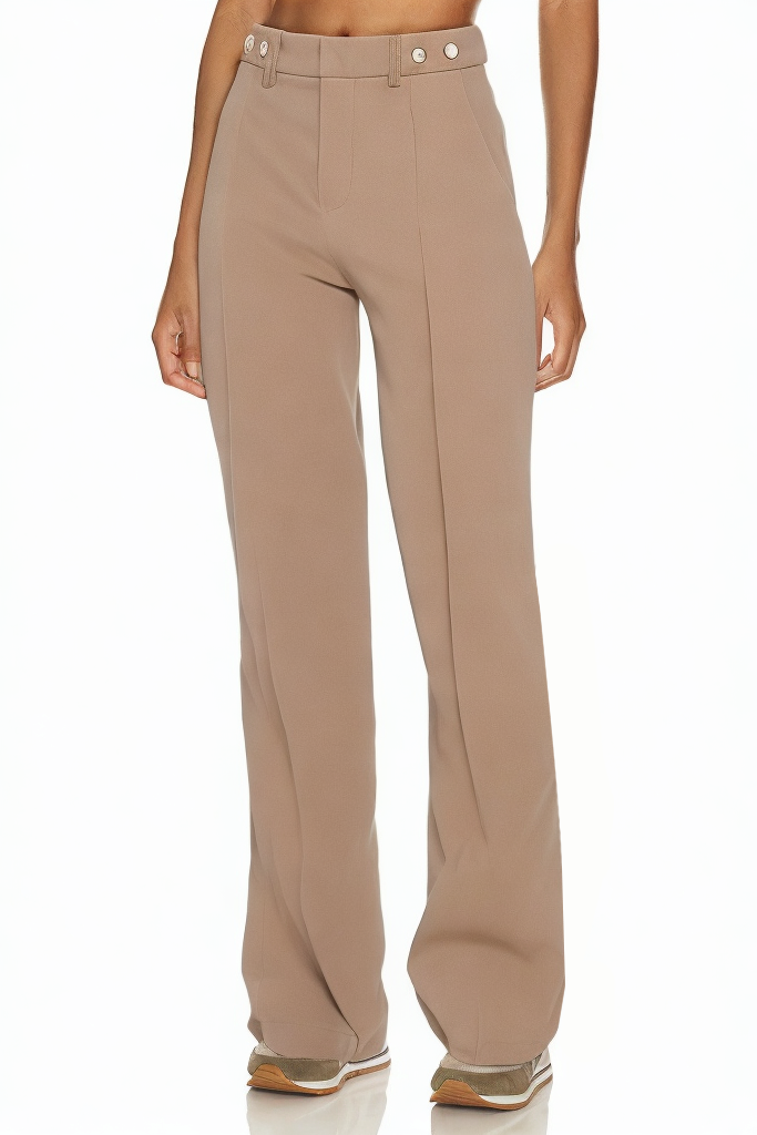 New Khaki Fashion Pleated Buttoned Wide Leg Pants