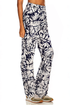 Blue Leaf Pattern Slim High Waist Trousers