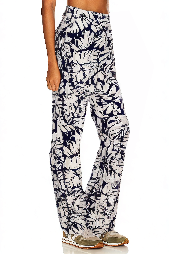 Blue Leaf Pattern Slim High Waist Trousers