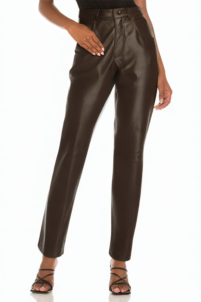 Brown Pleated Unique Women's Leather Pants with Pockets