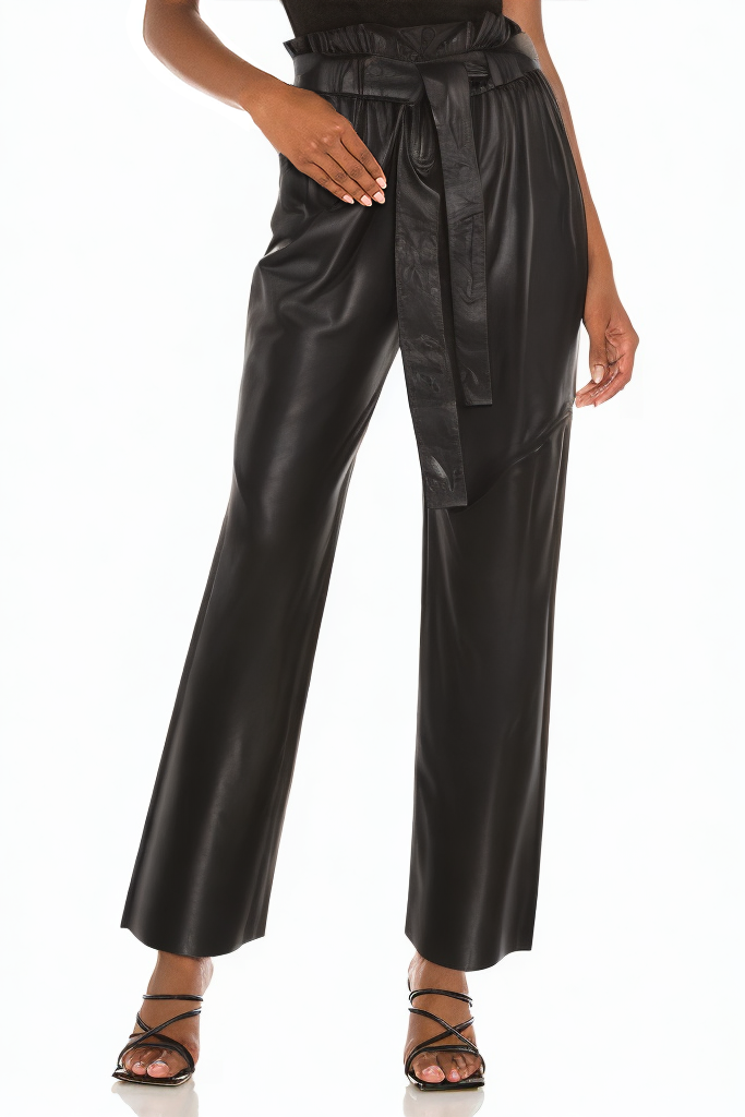 Black Wide-leg Loose Leather Pants with Thin Waist Straps
