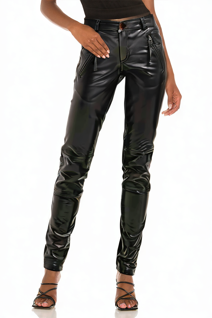 Stylish Straight Leg Contrast Stitching Solid Leather Leggings