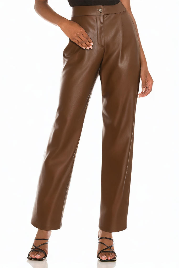 Brown Leather Loose-Fit Button Closure Trousers