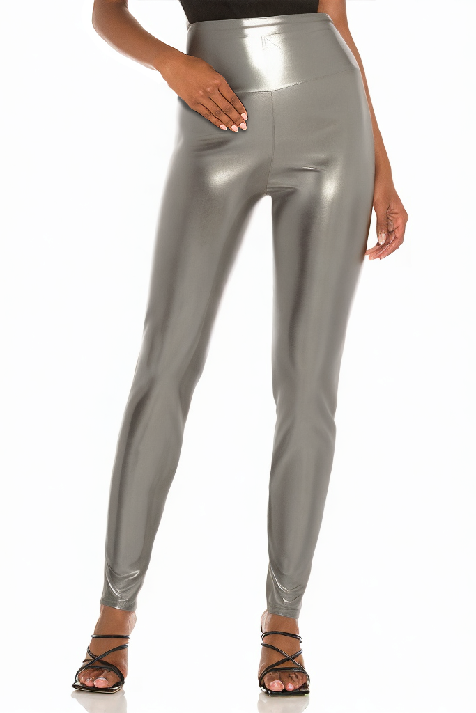 Grey Shimmer High-Rise Stretch Leather Pants