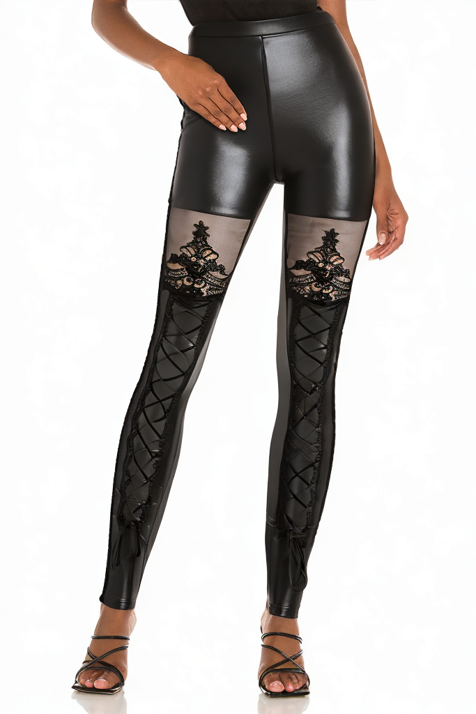 Black Victorian Faux Leather Lace Leggings