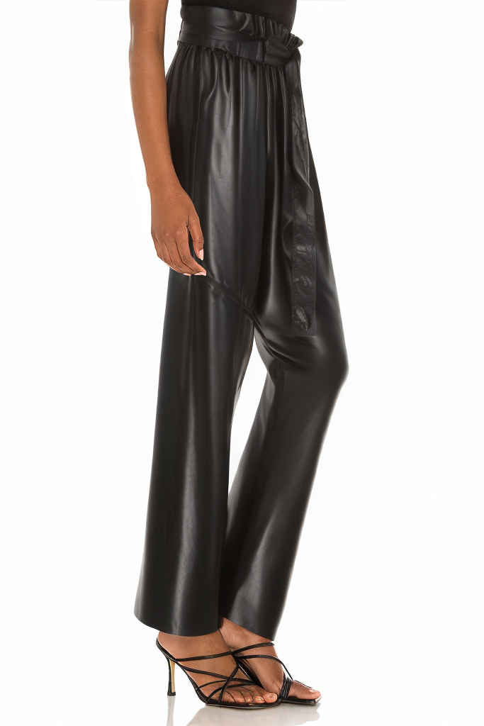 Black Wide-leg Loose Leather Pants with Thin Waist Straps
