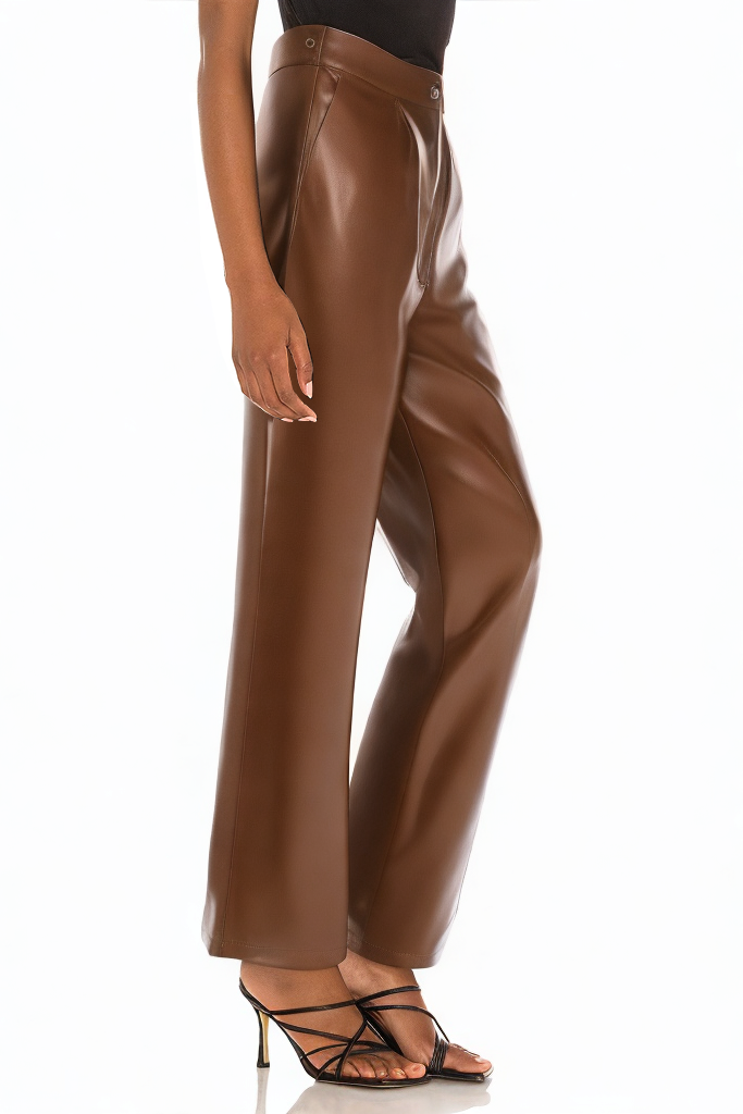Brown Leather Loose-Fit Button Closure Trousers