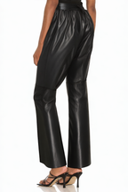 Black Wide-leg Loose Leather Pants with Thin Waist Straps