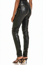 Stylish Straight Leg Contrast Stitching Solid Leather Leggings
