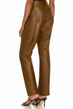 Brown Shiny Women's High Waist Genuine Leather Long Leggings