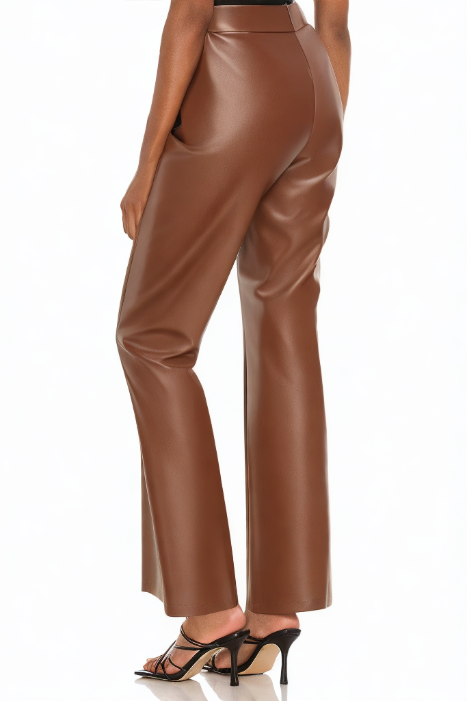 Brown Leather Loose-Fit Button Closure Trousers