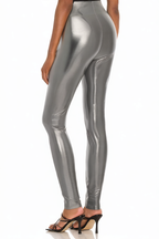 Grey Shimmer High-Rise Stretch Leather Pants