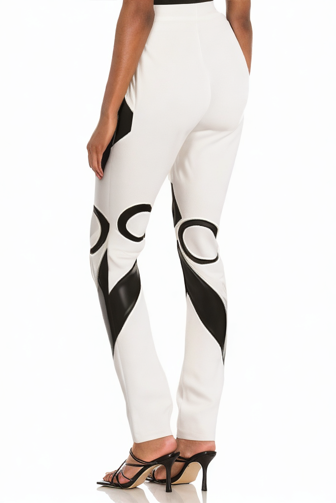 Skinny Contrast Color Panel Zipper High Waist PU Leather Pants